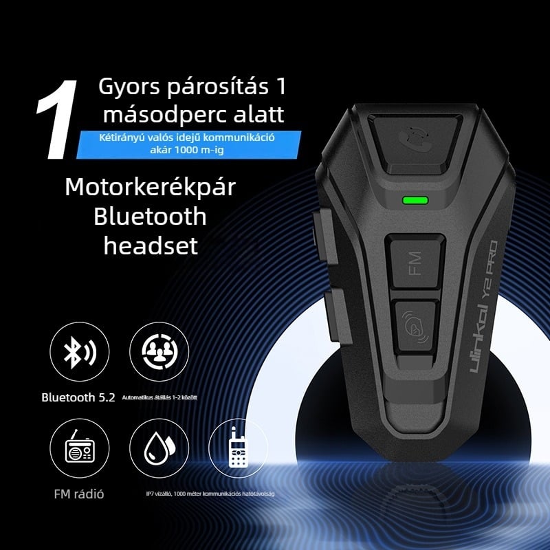 ULINKAL Y2PRO Motorkerékpár Bluetooth interkom fejhallgató — kettőirányú interkom, kompatibilis teljes és fél sisakokkal, méretek 45×90 mm