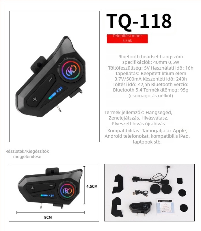 Motorkerékpár sisak Bluetooth fejhallgató – vízálló és porálló, zajcsökkentés, Bluetooth 5.0, 16 órás akkumulátor, sztereó mindkét fülön