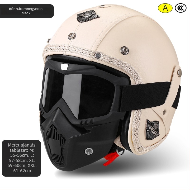 3/4-es retro bőr motorkerékpáros sisak szemüveggel, Uniszex, 3C tanúsítvánnyal
