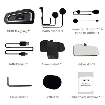 TK-X2 magánmodell motorkerékpár sisak headset interkommal — 1000 m hatótáv, Bluetooth 5.0, vízálló, porálló, stereo mindkét fül számára
