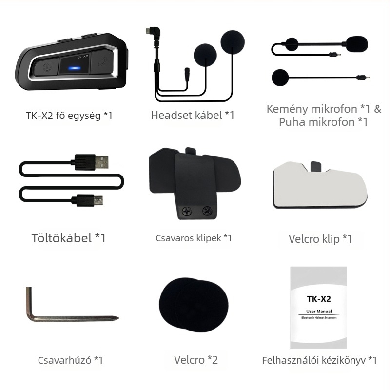 TK-X2 magánmodell motorkerékpár sisak headset interkommal — 1000 m hatótáv, Bluetooth 5.0, vízálló, porálló, stereo mindkét fül számára