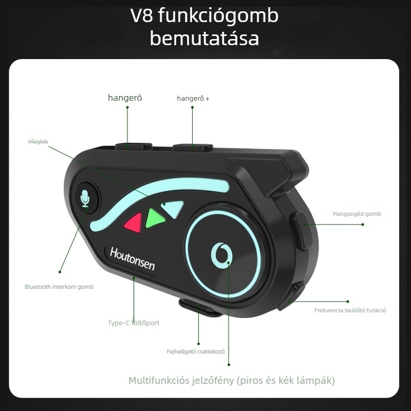 Motorkerékpár sisak Bluetooth fejhallgató V8 – 30 órás üzemidő, vízálló, zajcsökkentés, sztereó, Qualcomm QCC, két telefon egyidejű csatlakoztatása