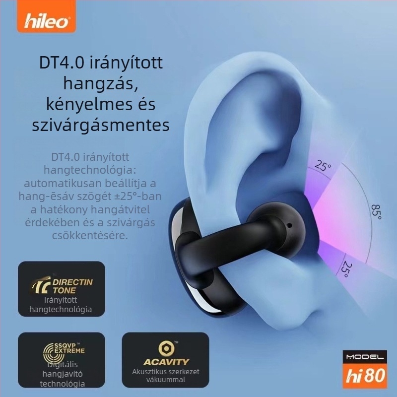 Sportos Bluetooth fejhallgató csontvezetéses technológiával, fülcsipsszel, BT 5.2, 4–8 óra üzemidő, IPX5 vízálló