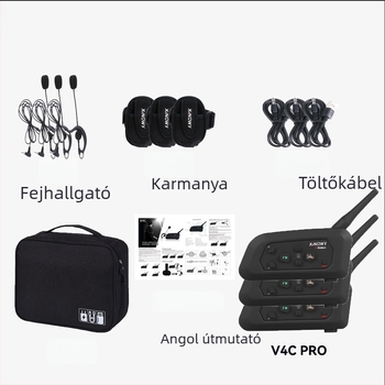 xinowy V4c PRO futballbíró kommunikációs headset, Bluetooth 3.0, Interkom zajcsökkentéssel, 4 személy egyidejű beszélgetés, 12 órás akkumulátor, 3 részes készlet tároló táskával