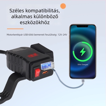 Motorkerékpár USB töltő vízálló dupla USB portokkal, QC3.0 gyors töltés és feszültség kijelző – univerzális motorkerékpárokhoz, elektromos járművekhez, ATV-khez és triciklikhez (Modell TQ119-120)