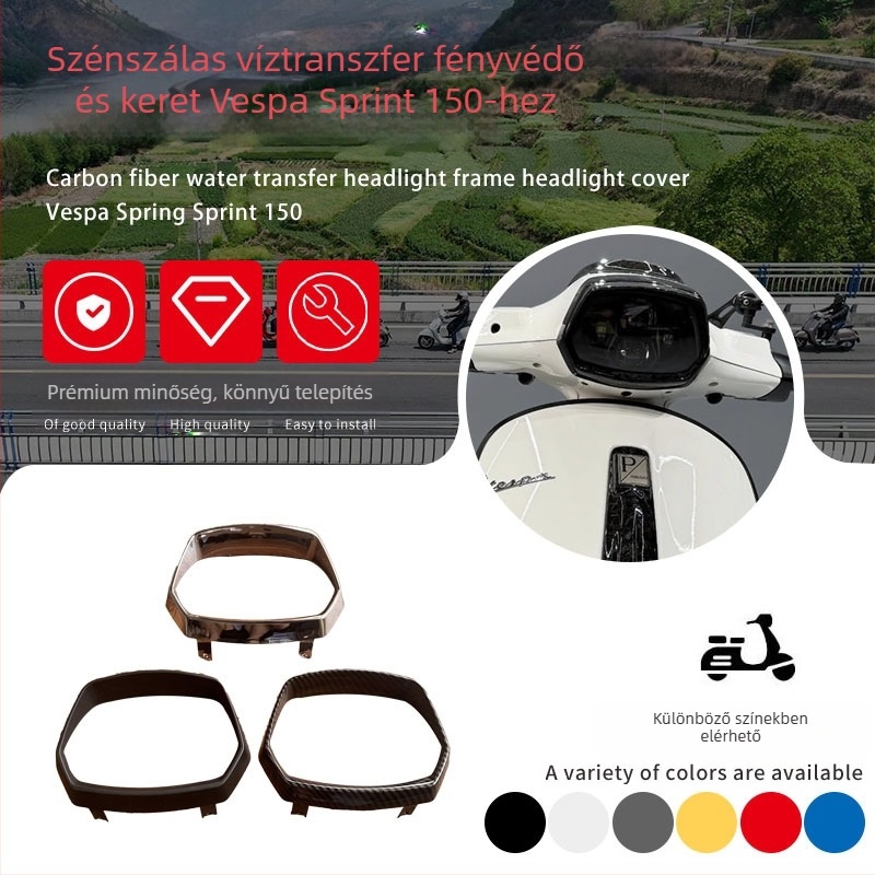 Szénszálas vízátviteli fényszóró keret és sapka Vespa Sprint 150-hoz — Termék kód 57128-1901-022