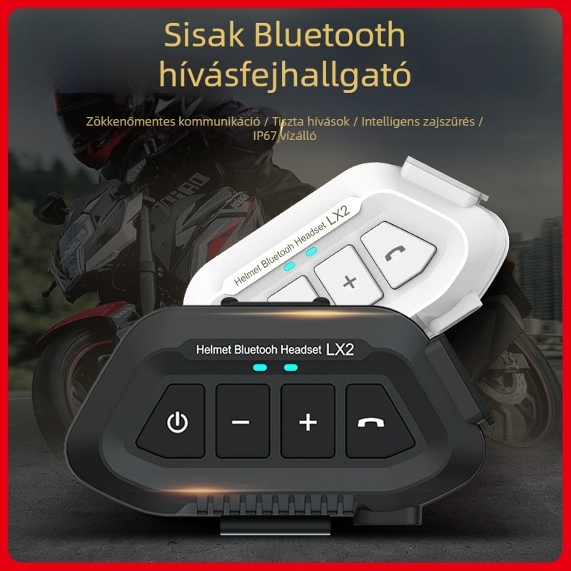 LX2 motorkerékpár sisakhoz Bluetooth headset zajcsökkentéssel, sztereó kétoldali, Bluetooth 5.3, 15 m hatótáv, zene és hívások