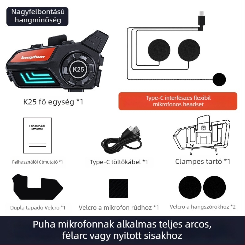 Motorkerékpár sisak Bluetooth headset - 10 m hatótáv, Bluetooth 5.0, vízálló, zajcsökkentés, 30 h üzemidő