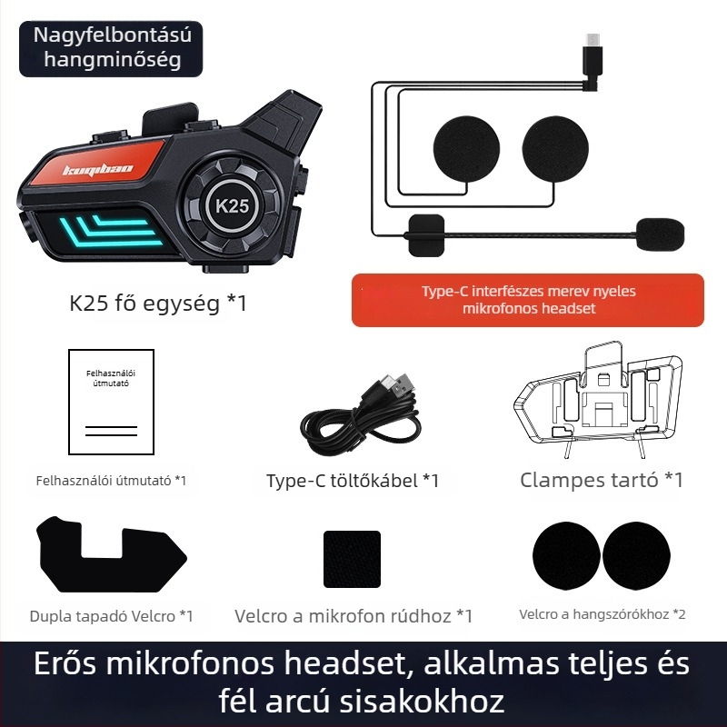 Motorkerékpár sisak Bluetooth headset - 10 m hatótáv, Bluetooth 5.0, vízálló, zajcsökkentés, 30 h üzemidő