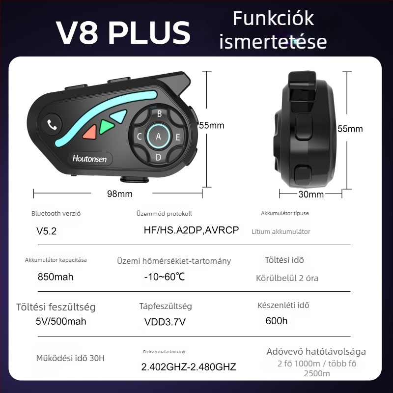 V8Plus Bluetooth motoros intercom, valós idejű 1–7 kommunikáció, 1500 m hatótáv, zene megosztása, intelligens zajcsökkentés