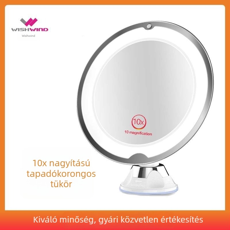 LED világítású sminktükör 10x nagyítással, szívófejes fali tükör a fürdőszobába