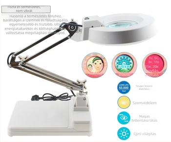 SK-C asztali LED nagyító, összecsukható kar, 3×/5×/10×/15×/20× nagyítás, anyag rozsdamentes acél/plasztik