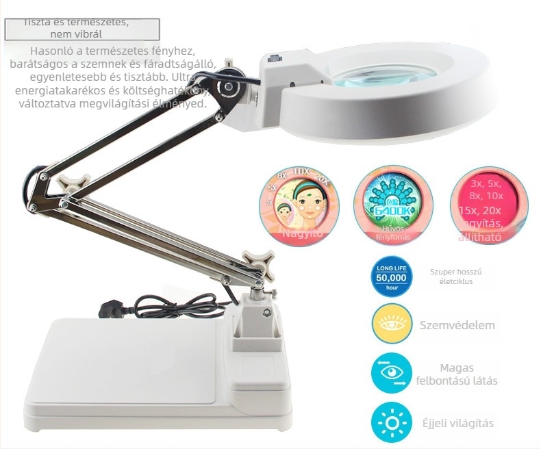 SK-C asztali LED nagyító, összecsukható kar, 3×/5×/10×/15×/20× nagyítás, anyag rozsdamentes acél/plasztik