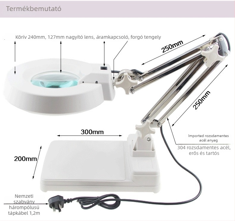 SK-C asztali LED nagyító, összecsukható kar, 3×/5×/10×/15×/20× nagyítás, anyag rozsdamentes acél/plasztik