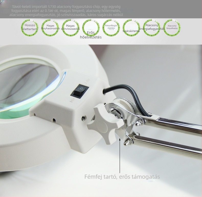 SK-C asztali LED nagyító, összecsukható kar, 3×/5×/10×/15×/20× nagyítás, anyag rozsdamentes acél/plasztik