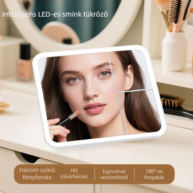 Sminktükör nagyítással és forgó funkcióval, asztali sminktükör ABS kerettel és ezüst tükörrel, háromszín töltés, logó nyomtatható
