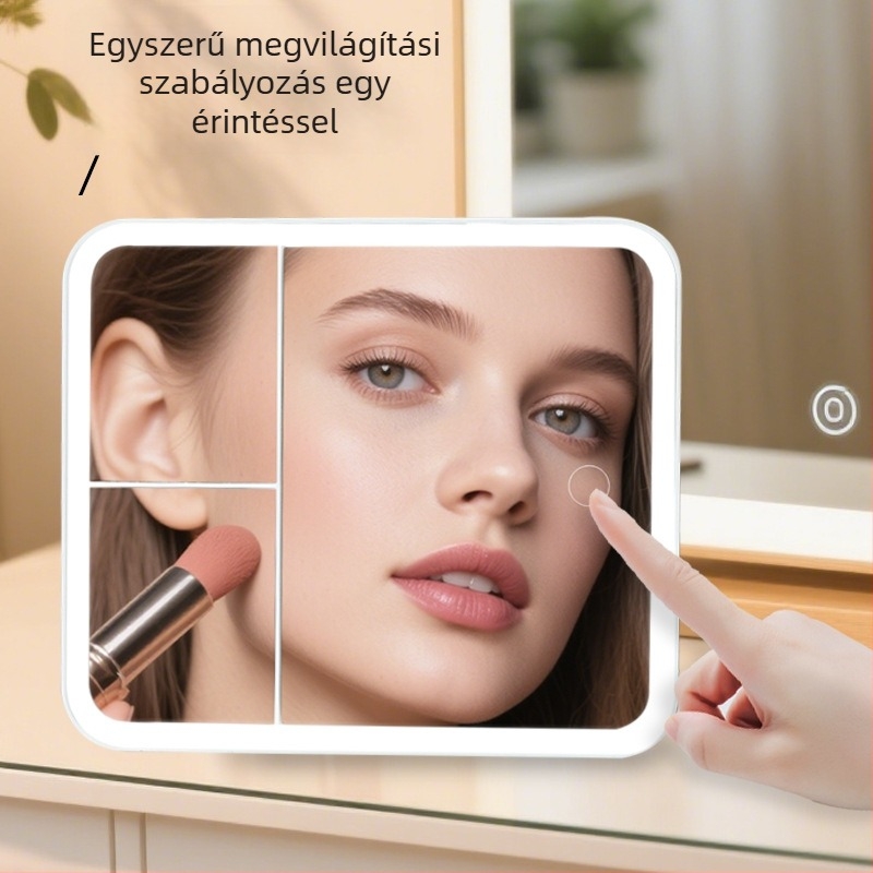 Sminktükör nagyítással és forgó funkcióval, asztali sminktükör ABS kerettel és ezüst tükörrel, háromszín töltés, logó nyomtatható