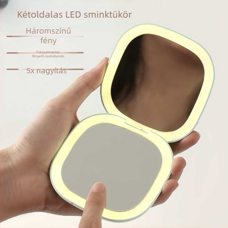 Hordozható kétoldalas LED sminktükör, újratölthető, összecsukható, könnyű, 5x nagyítás, testre szabható sminktükör