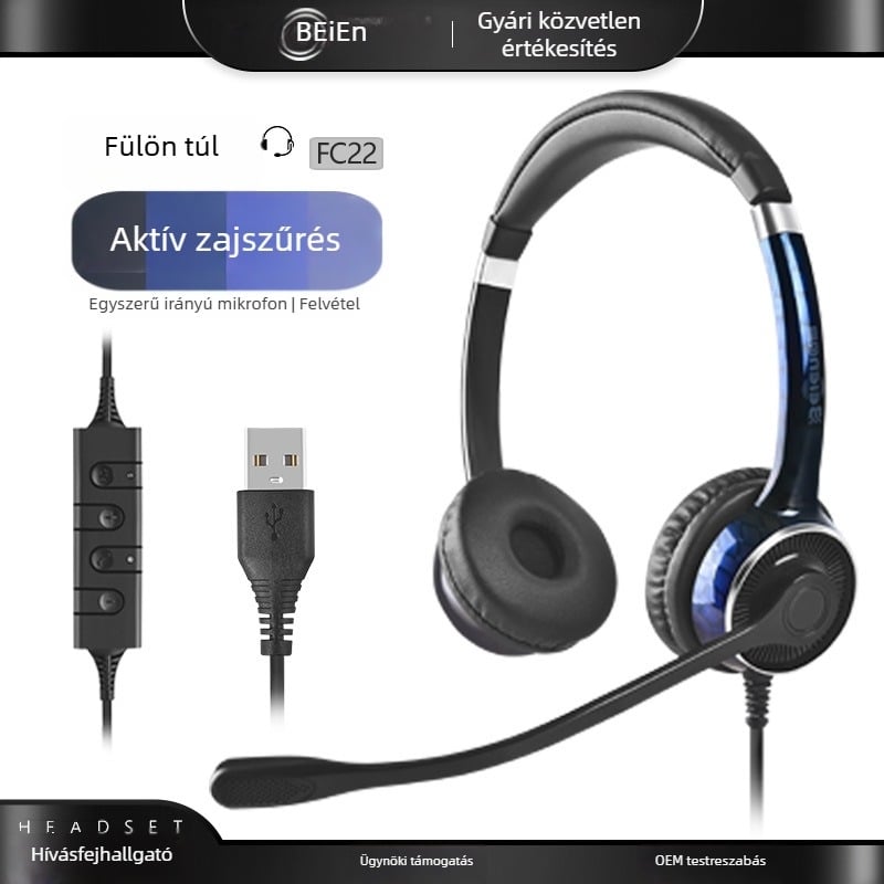 Bain FC22USB kettős mikrofonnal zajcsökkentett USB fejhallgató hallási és beszédtesztekhez, frekvencia-válasz 100-6800 Hz, impedancia 150 Ω, érzékenység 110±3 dB