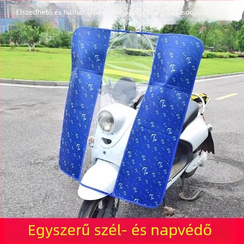 Átlátszó PVC első szélvédő esővédő elektromos járművekhez — alkalmas robogóra, motorkerékpárra és elektromos autóra, nyomtatott logóval, nem vízálló