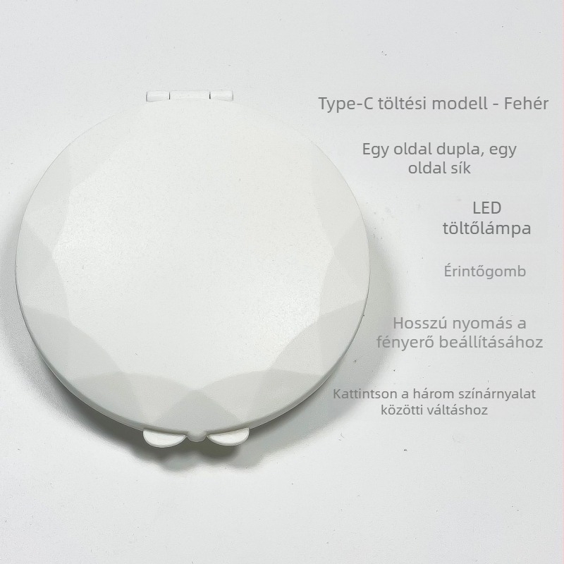 LED sminktükör, hordozható kézi, összecsukható kerek tükör lámpával és 2x nagyítással
