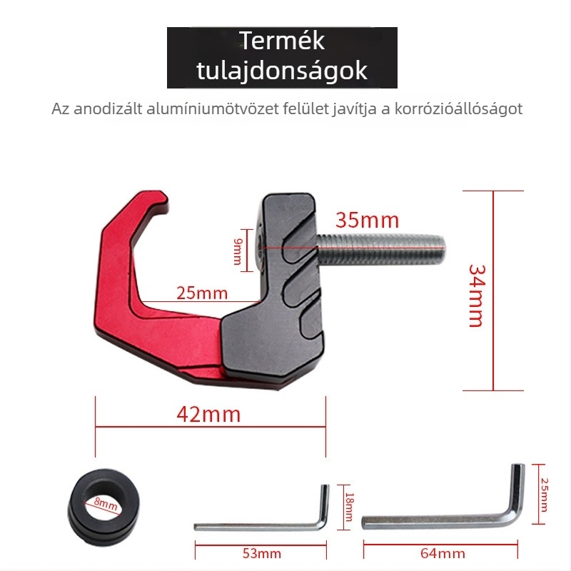 Elektromos motorkerékpárhoz illeszkedő, előre szerelt, összecsukható sisakakasztó, alumíniumötvözetből, univerzális, modell J022, PCR