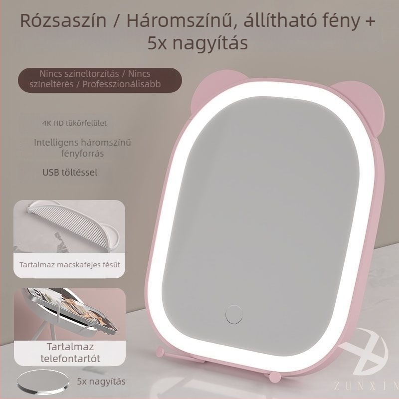 LED smink tükör világítással és telefontartóval, hordozható asztali smink tükör kollégiumi szobához