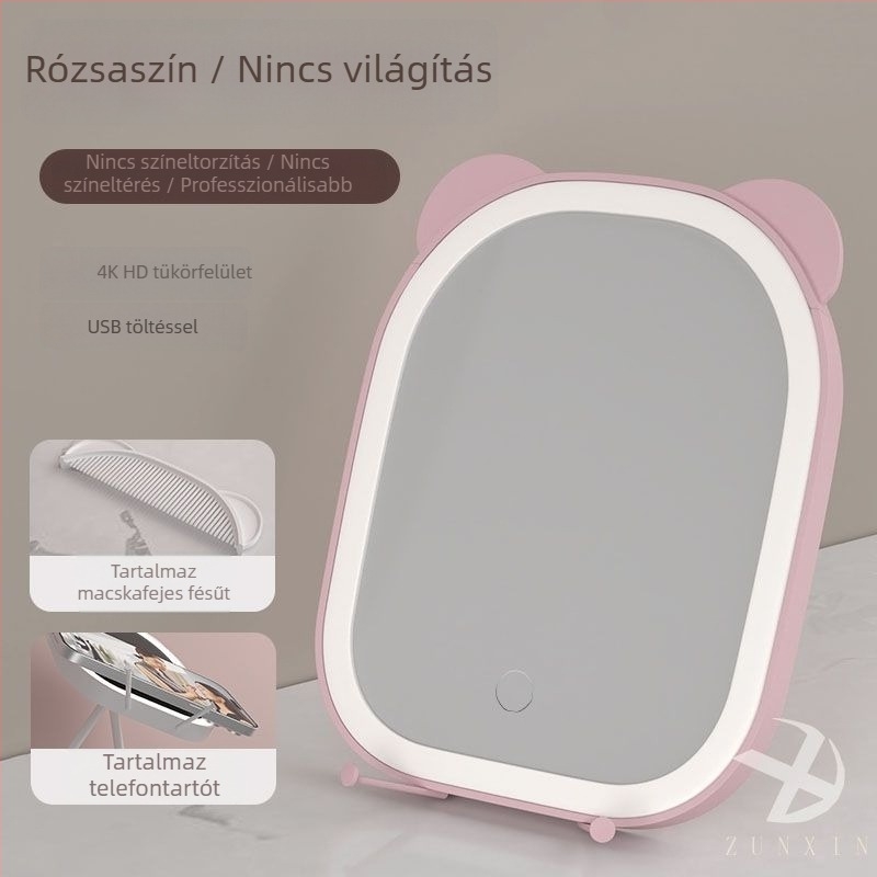 LED smink tükör világítással és telefontartóval, hordozható asztali smink tükör kollégiumi szobához