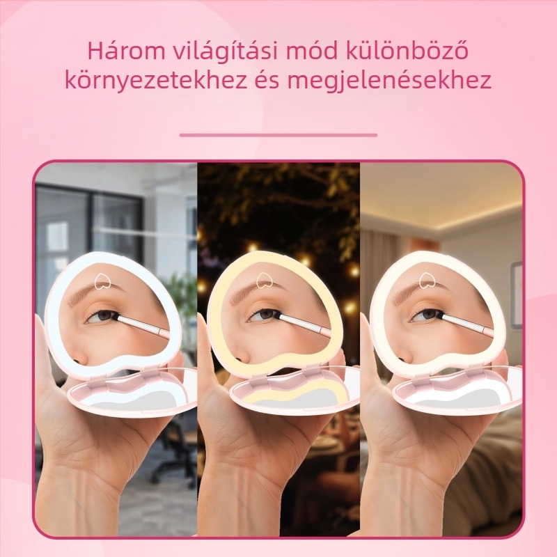 Kozmetikai zsebtükör három világítási móddal, 2x nagyítás, hordozható