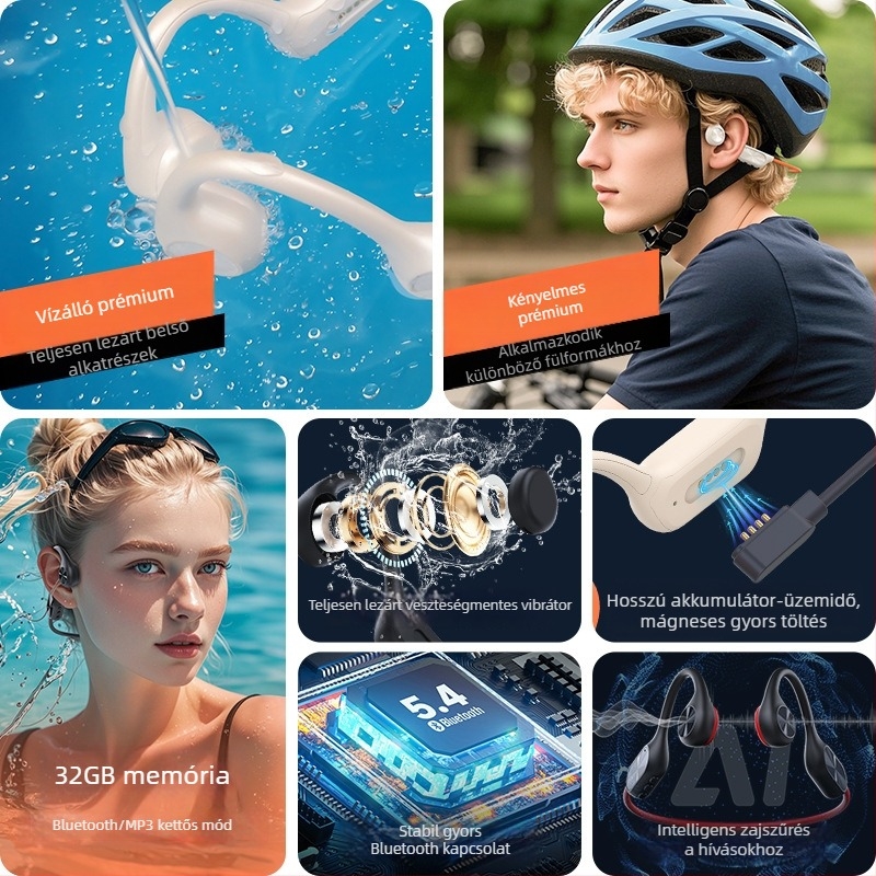 Csontvezetéses fejhallgató, beépített 32GB tárhely, Bluetooth 5.4, IPX8 vízálló, több mint 8 órás üzemidő