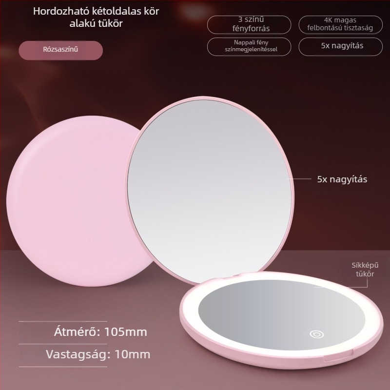Sminktükör, kétoldalas, 5x nagyítás, kör alakú, fedéllel, hordozható