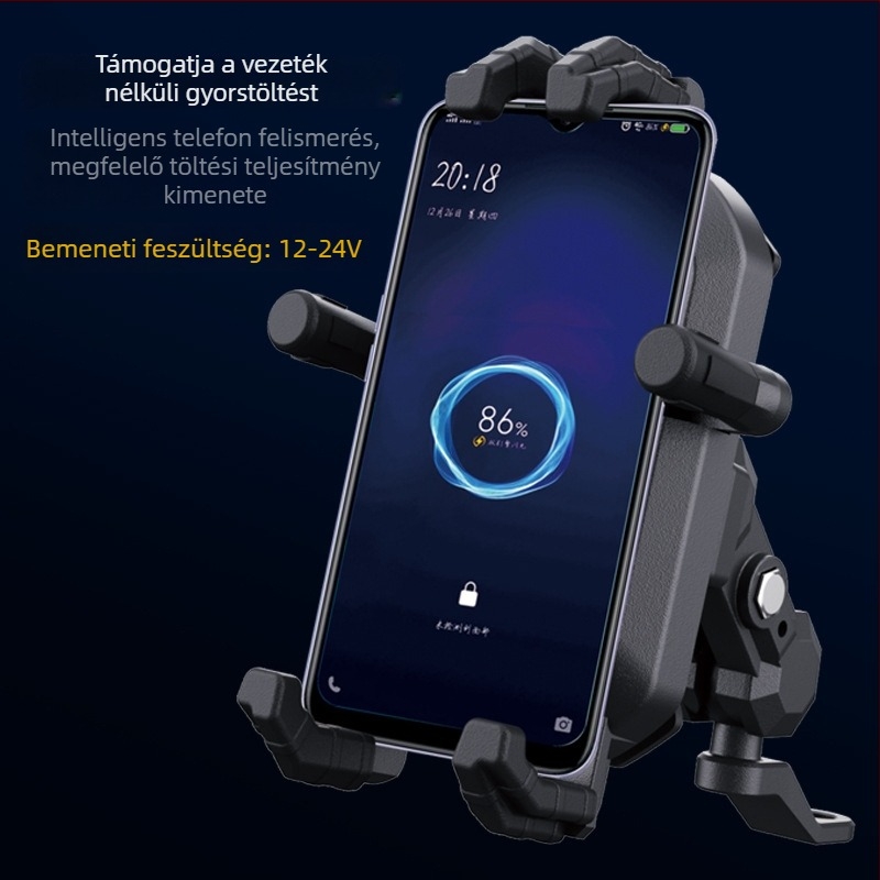 Motorkerékpárhoz való vezeték nélküli töltőtelefon-tartó ütéscsillapító rögzítéssel, lopás elleni zár és napvédő sapkával (15W vezeték nélküli töltés; 10–24V kompatibilitás; modellek TQ061–TQ064)