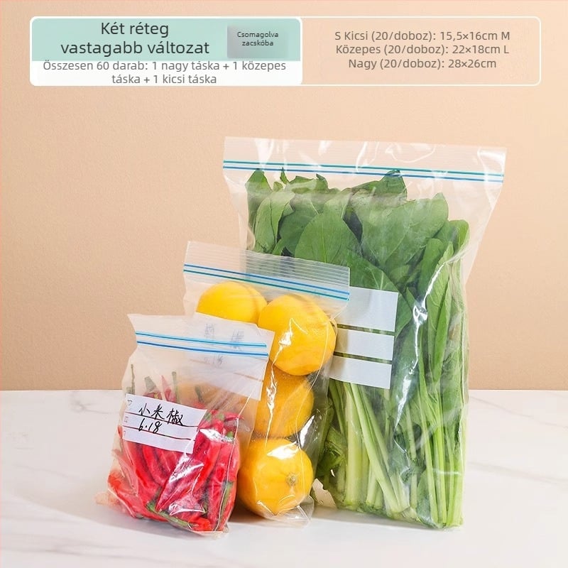 Élelmiszer-minőségű zárható frissességmegőrző zacskó | Anyag: PE | Mikrohullámú sütőben használható | -30°C–180°C hőállóság | 1 db