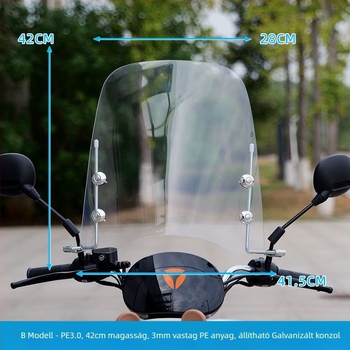 Elektromos járművek és motorkerékpárok elülső szélvédője, átlátszó, modell Section B, anyag PE