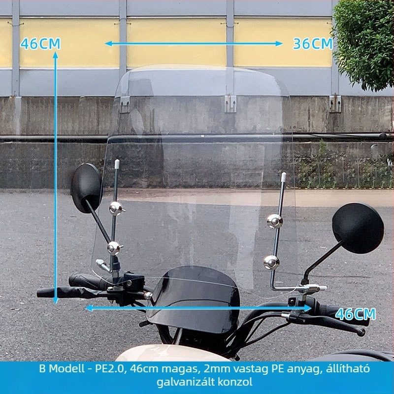 Elektromos járművek és motorkerékpárok elülső szélvédője, átlátszó, modell Section B, anyag PE