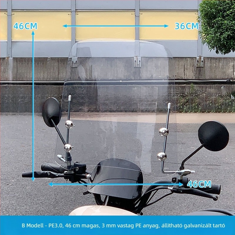 Elektromos járművek és motorkerékpárok elülső szélvédője, átlátszó, modell Section B, anyag PE