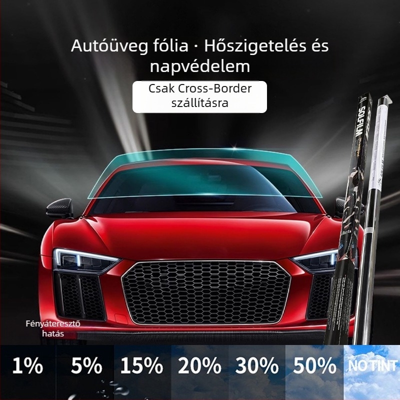 Autóablak hő- és UV-szigetelő film, PET, 2 mil vastagság, szélesség 30–150 cm, fényáteresztés 1–70%, UV-szűrés >90%