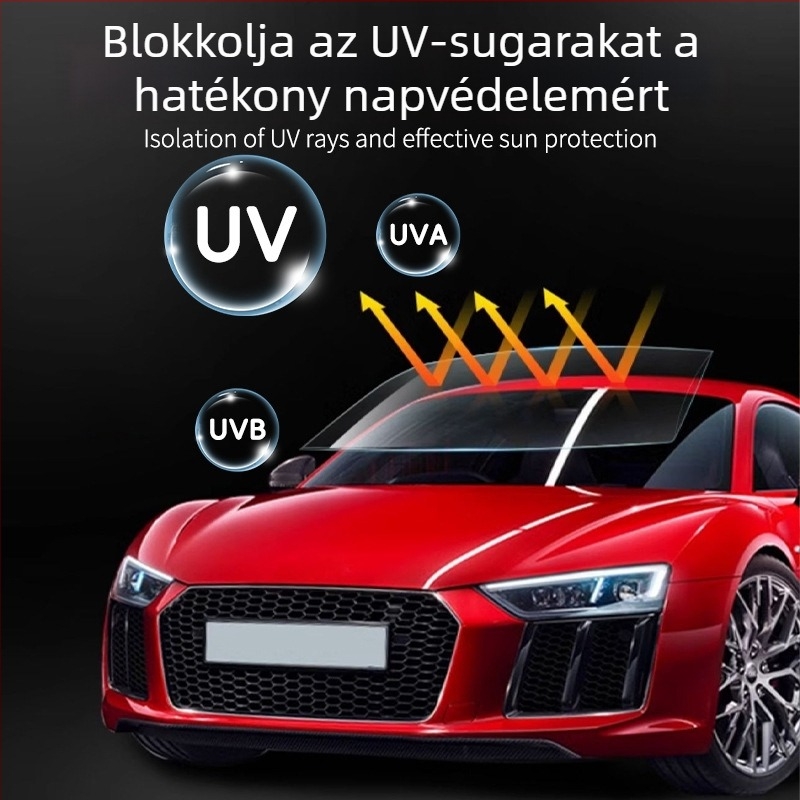 Autóablak hő- és UV-szigetelő film, PET, 2 mil vastagság, szélesség 30–150 cm, fényáteresztés 1–70%, UV-szűrés >90%
