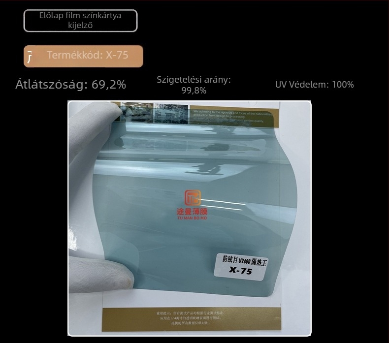 Touman nano-kerámiás autóüveg fólia — UV-védelem 99%, hőszigetelés 99%, látható fény átengedése 60%, vastagság 2 mil, minden autómodellhez alkalmas