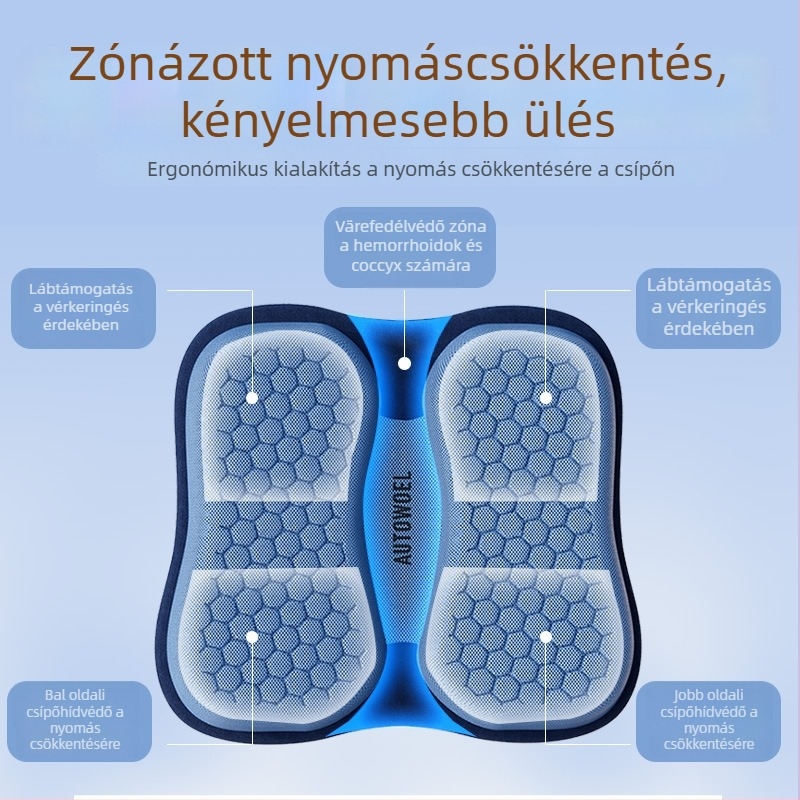 AUTOWOEL gél ülőpárna a vezető autójához — sík, egydarabos kialakítás; szellőző és lélegző nyárra; poliészter felület; súly 1 kg.