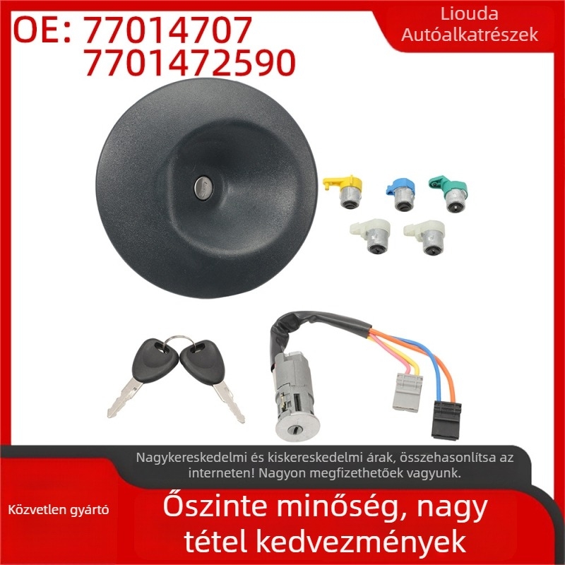 Renault Kangoo 1 (1997-2008) alumínium ötvözetű zárkészlet; tartalmaz 5 ajtózár-hengert, 1 kormányzárat, 1 üzemanyag-tank kupakot, 2 kulcsot