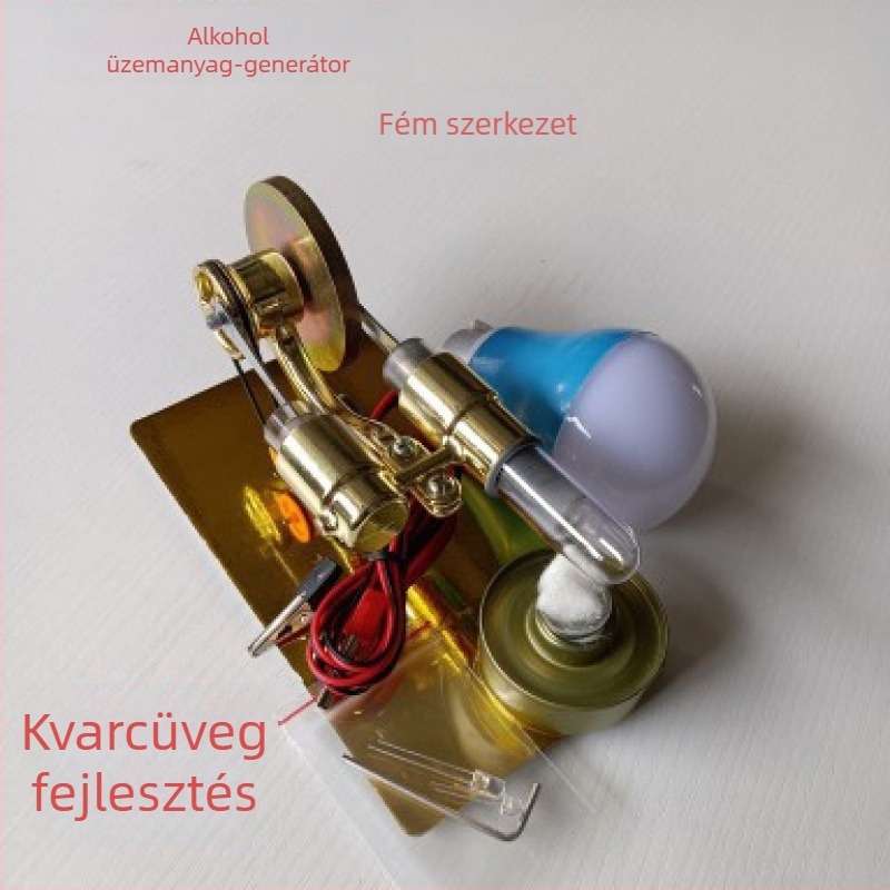 Stirling motoros játékmodell, fémből készült, 61+ éveseknek, oktató célú gőzgép bemutató