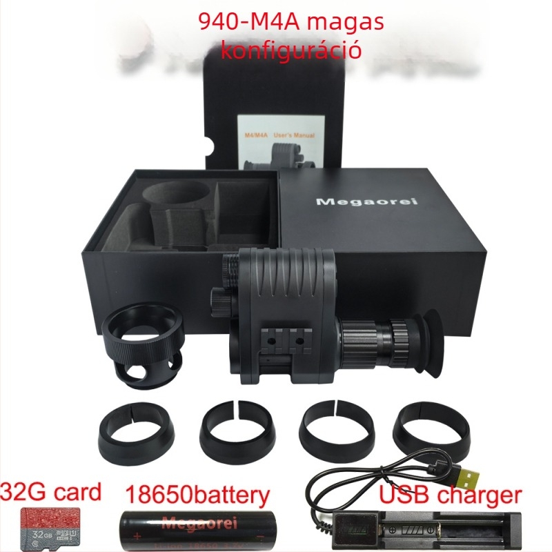 Megaorei M4A infravörös éjjellátó távcső, 1–4× nagyítás, 12 mm objektív, 200–400 m hatótáv, működési feszültség 3,7 V, súly 0,8 kg