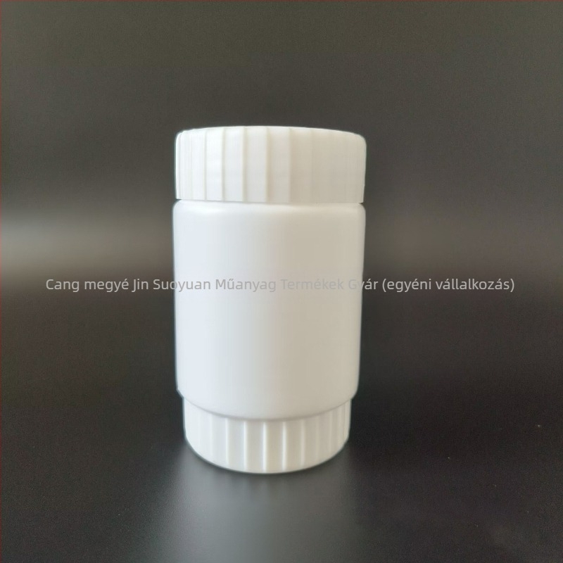 Széles szájú műanyag palack mezőgazdasági vegyszerek csomagolásához; átmérő 34 mm; falvastagság 1 mm; lopás elleni zárófedél.