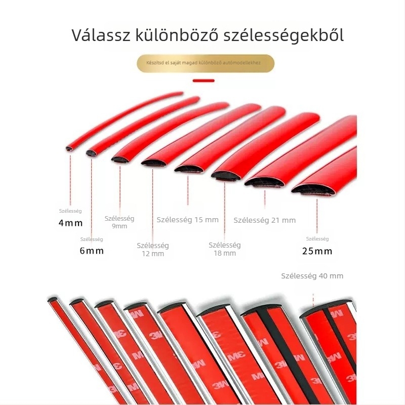Autóablak dekoratív csík vörös krómozott felülettel, öntapadós fénycsík, lökhárító- és ajtóvédő, karosszéria és ajtók éleinek díszítése, középső rács.
