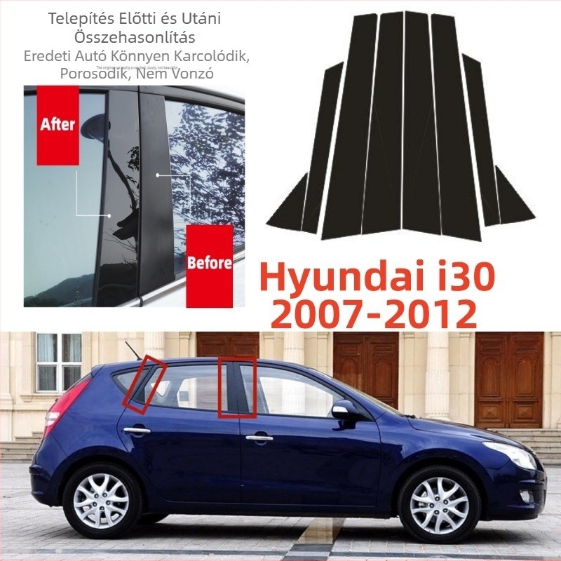 Hyundai i30 középső oszlop matricája (2007–2012), fényes fekete ablakkeret dekoráció