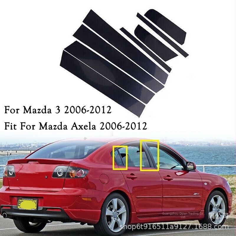 Mazda 3 Axela 2006–2012 ablakdekoráció és oldalsó ajtókeret fedő, fényes fekete középső oszlop matricával