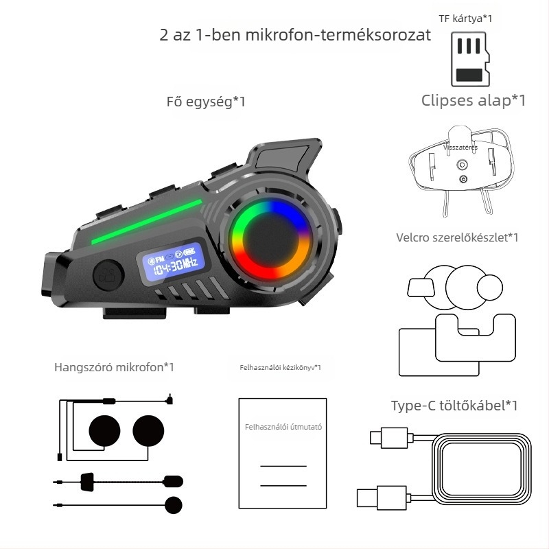Motorkerékpár sisak Bluetooth headset interkommal és zenemegosztással, vízálló, Bluetooth 6.0, 10 m hatótáv, kb. 20 óra üzemidő