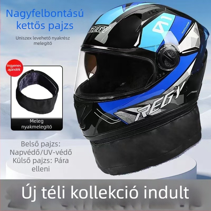 Teljes arcú motorkerékpár sisak kettős plexivel, téli meleg, négy évszakos, uniszex