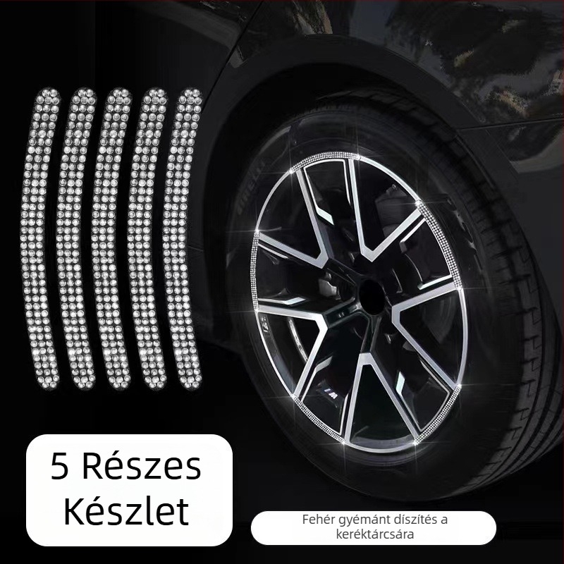Autókerékagy visszaverő védőgyűrű gyémántdíszes dekoratív csíkkal és figyelmeztető matricákkal, univerzális kerék módosításhoz